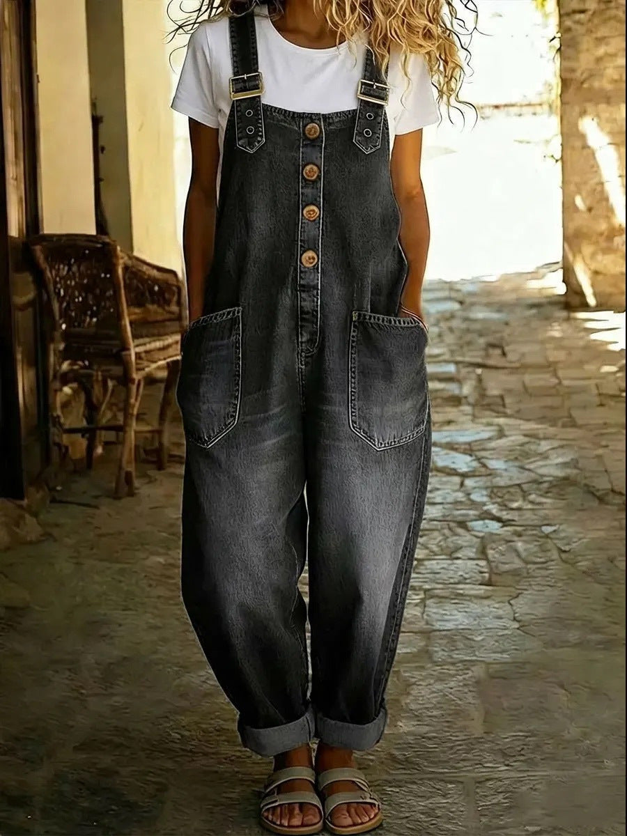Women's Washed Denim Overalls Adjustable Strap Jumpsuit