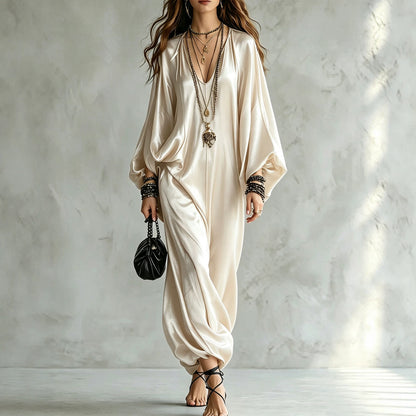 Women's Satin Wide Leg Jumpsuit V-Neck Batwing Plus Size