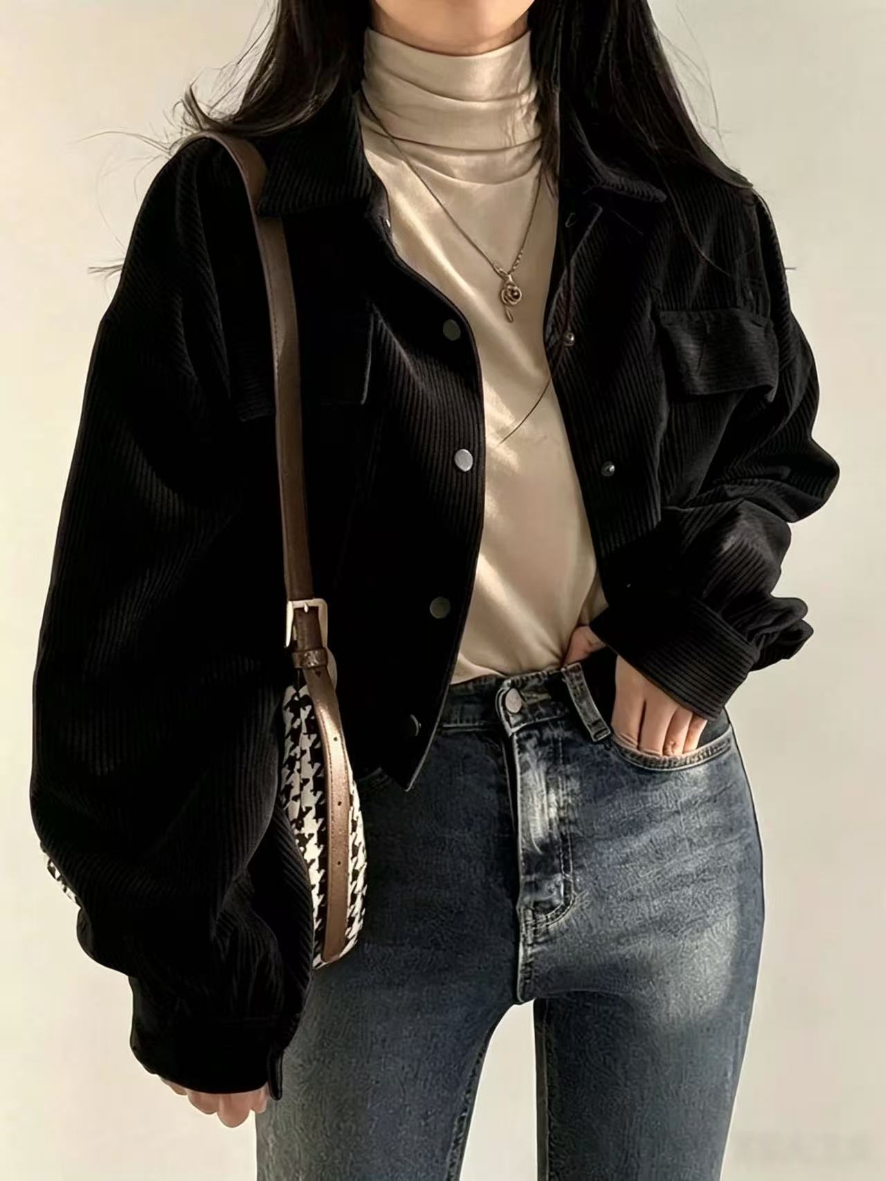 Corduroy Cropped Shacket Snap Front Relaxed Fit