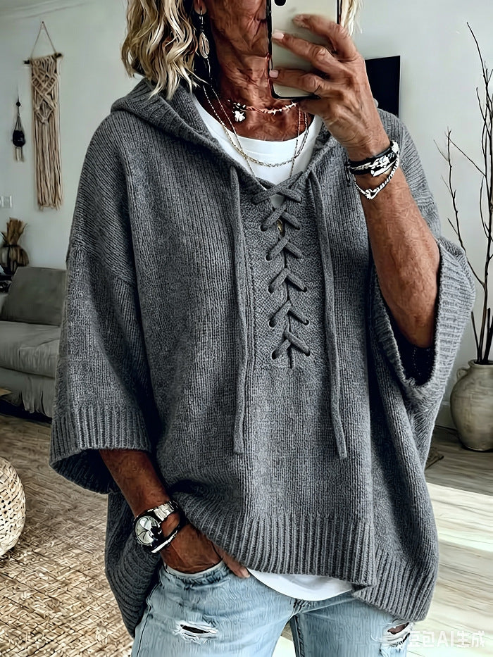 Womens Oversized Hooded Sweater Lace-Up 3/4 Sleeve Pullover
