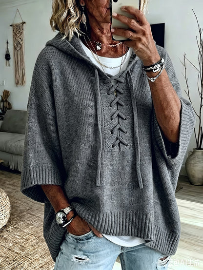 Womens Oversized Hooded Sweater Lace-Up 3/4 Sleeve Pullover
