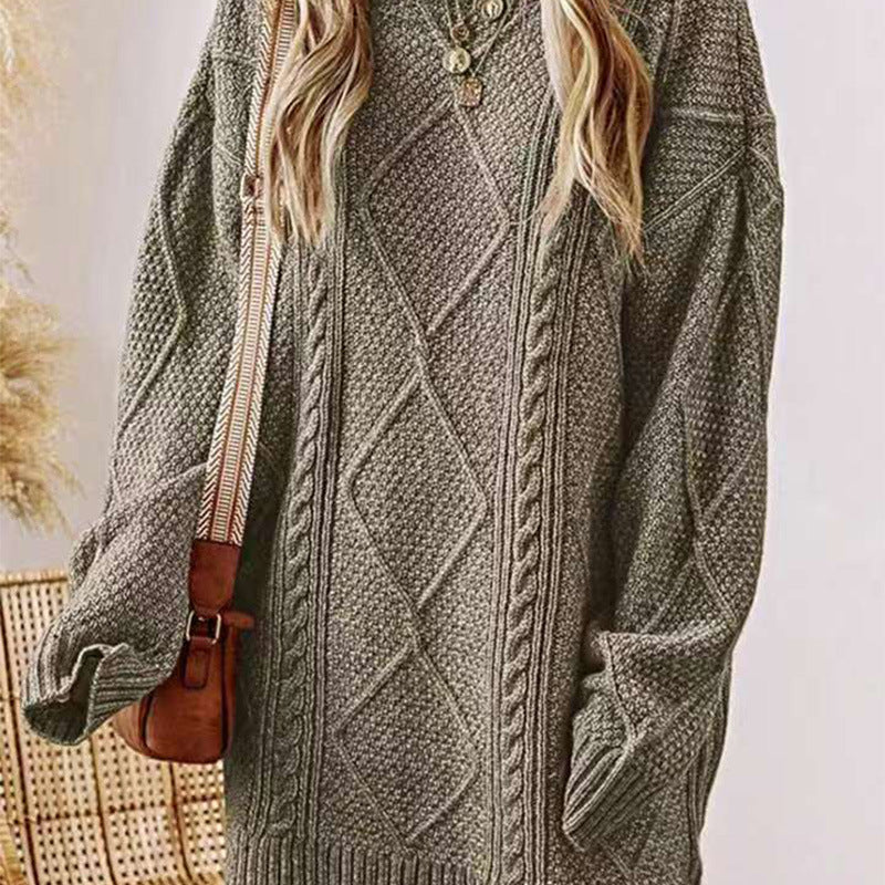 Oversized Chunky Cable Knit Sweater Dress Crew Neck