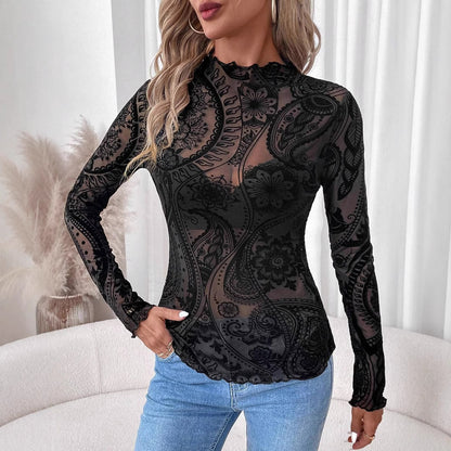Paisley Flocked Mesh Ruffle Long Sleeve Top for Women
