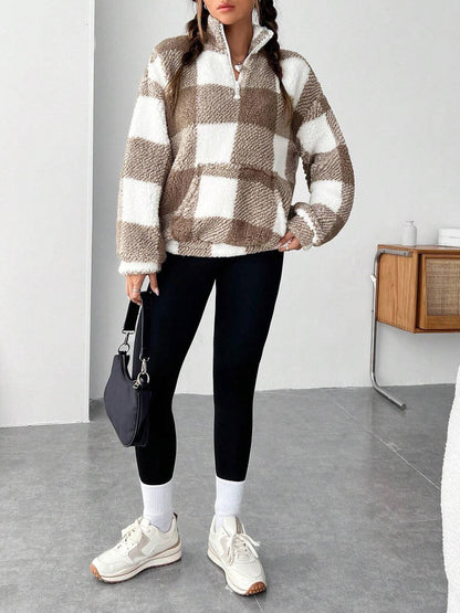 Women's Plaid Sherpa Quarter Zip Pullover with Pocket