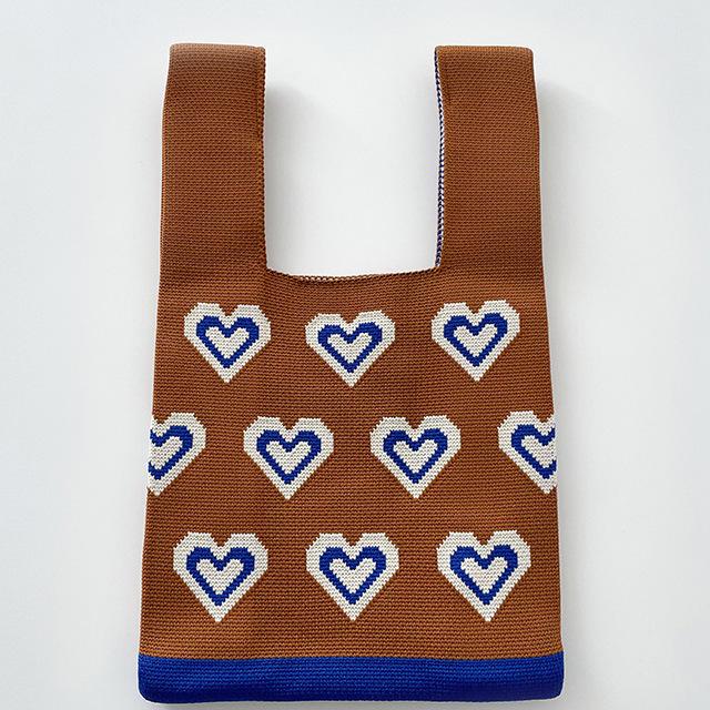 Heart Motif Woman's Knitted Tote Bag Knit Waist Bag