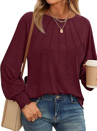 Women's Pleated Crewneck Balloon Sleeve Oversized Top