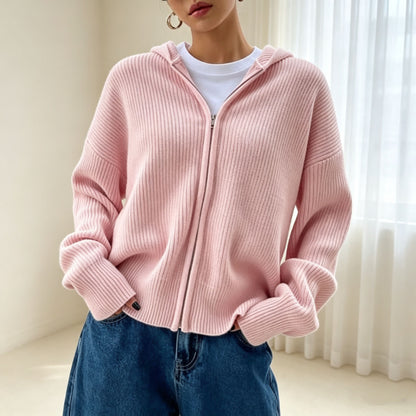 Women's Hooded Ribbed Zip Up Cardigan Sweater