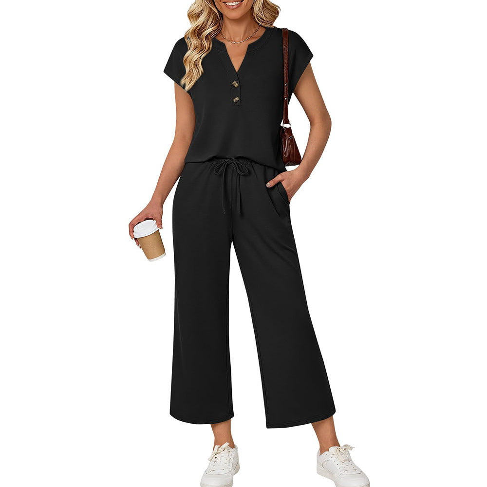 Button Front Short Sleeve Top and Wide Leg Pants Set
