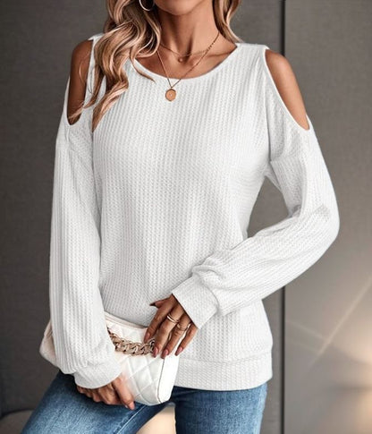 Women's Cold Shoulder Waffle Knit Long Sleeve Casual Top
