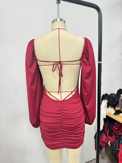 Burgundy Square Neck Long Sleeve Ruched Bodycon Mini Dress