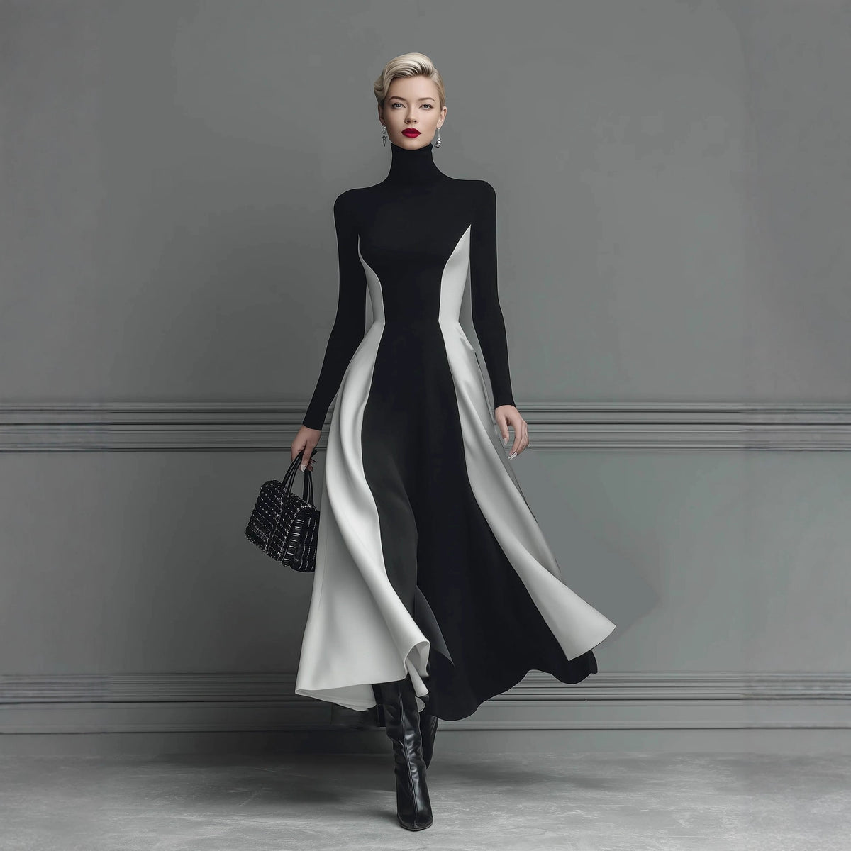Color Block Turtleneck Long Sleeve Knit Maxi Dress