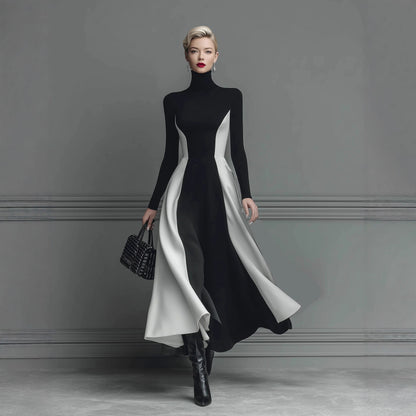 Color Block Turtleneck Long Sleeve Knit Maxi Dress