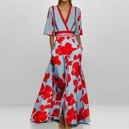 Floral V-Neck Maxi Dress Smocked Waist Half Sleeve