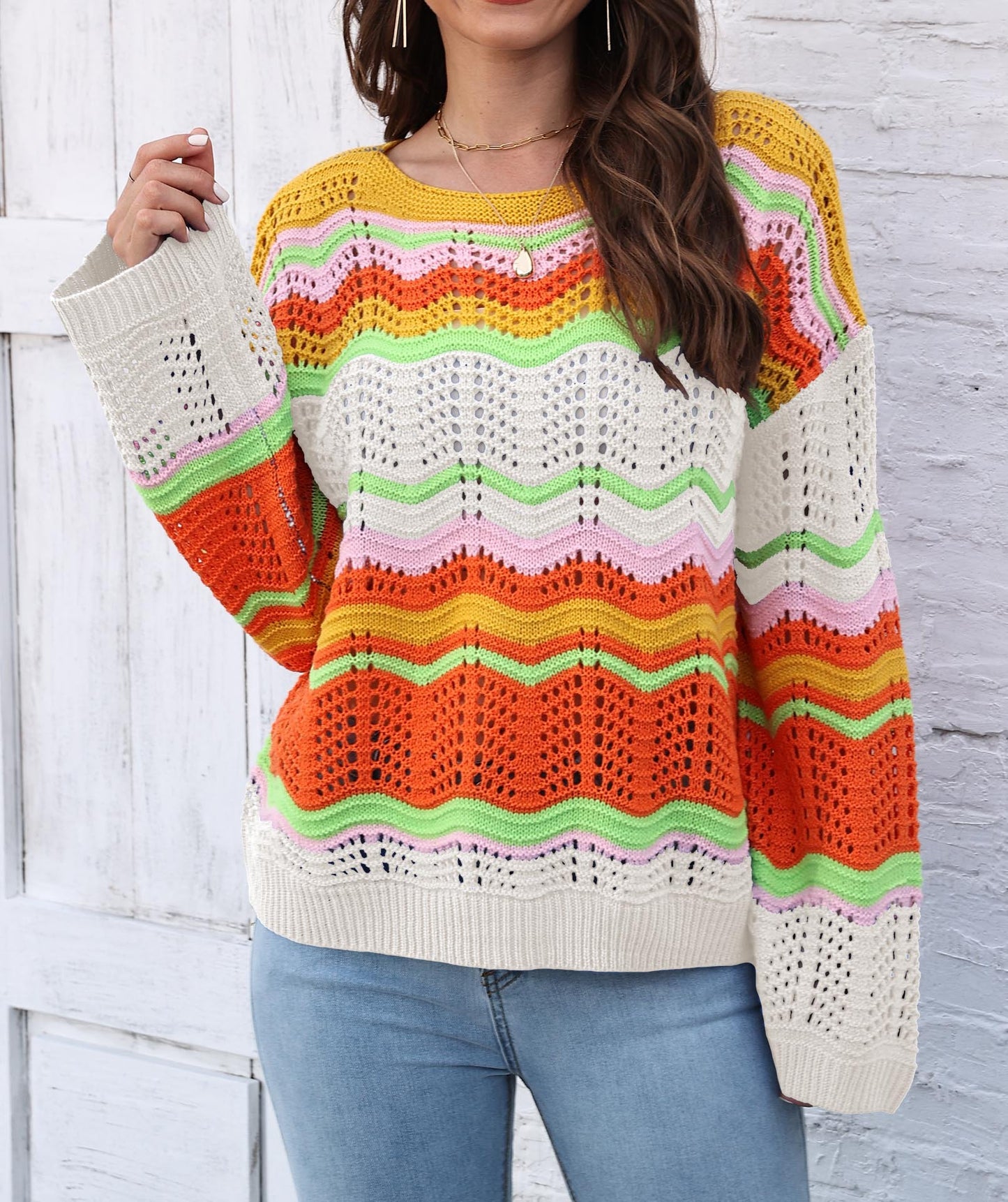 Women's Rainbow Pattern Intercolor Splicing Striped Long Sleeve Sweater