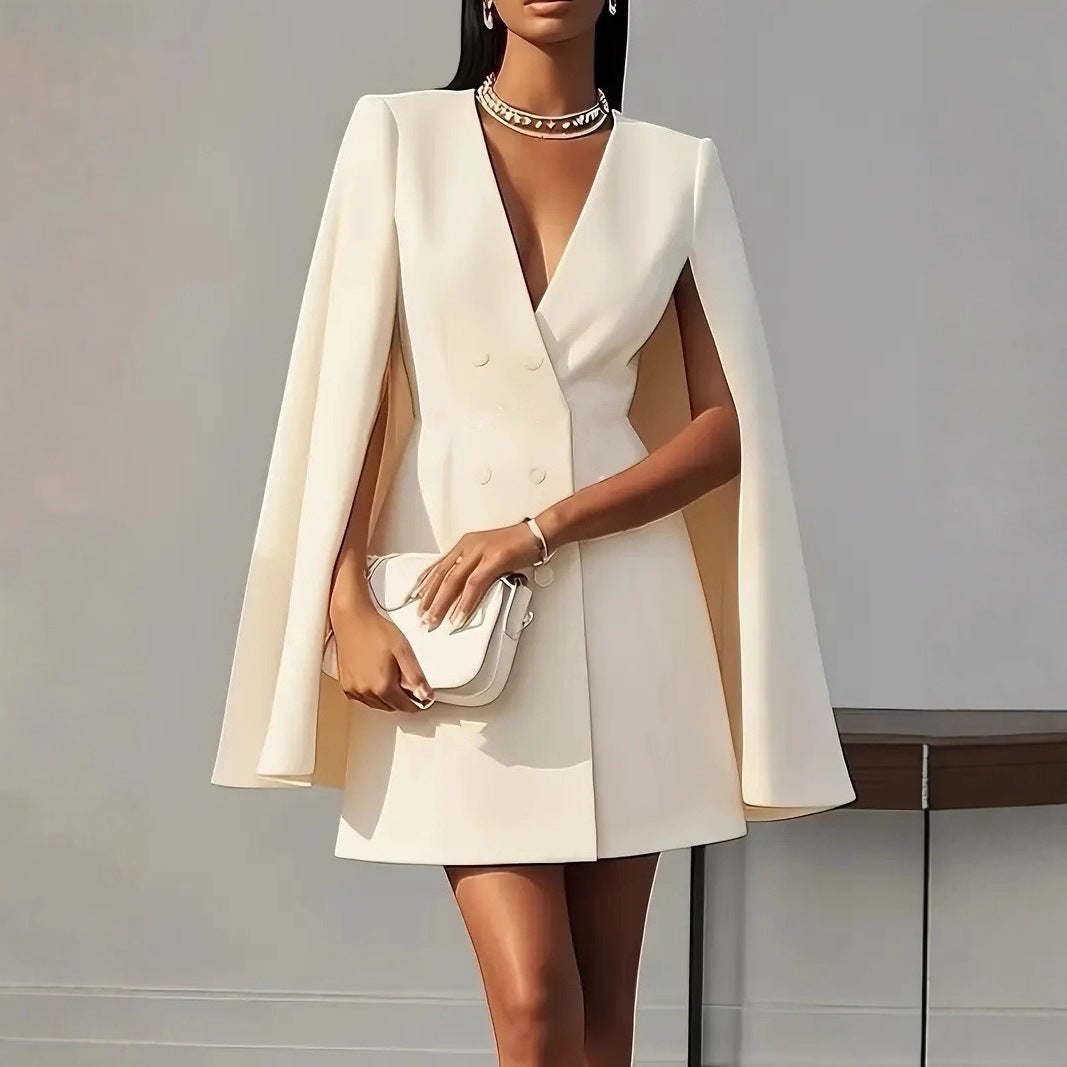 Womens Cape Blazer Dress Double Breasted V-Neck Mini
