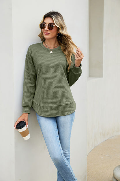 Quilted Textured Sweatshirt Crew Neck Loose Top