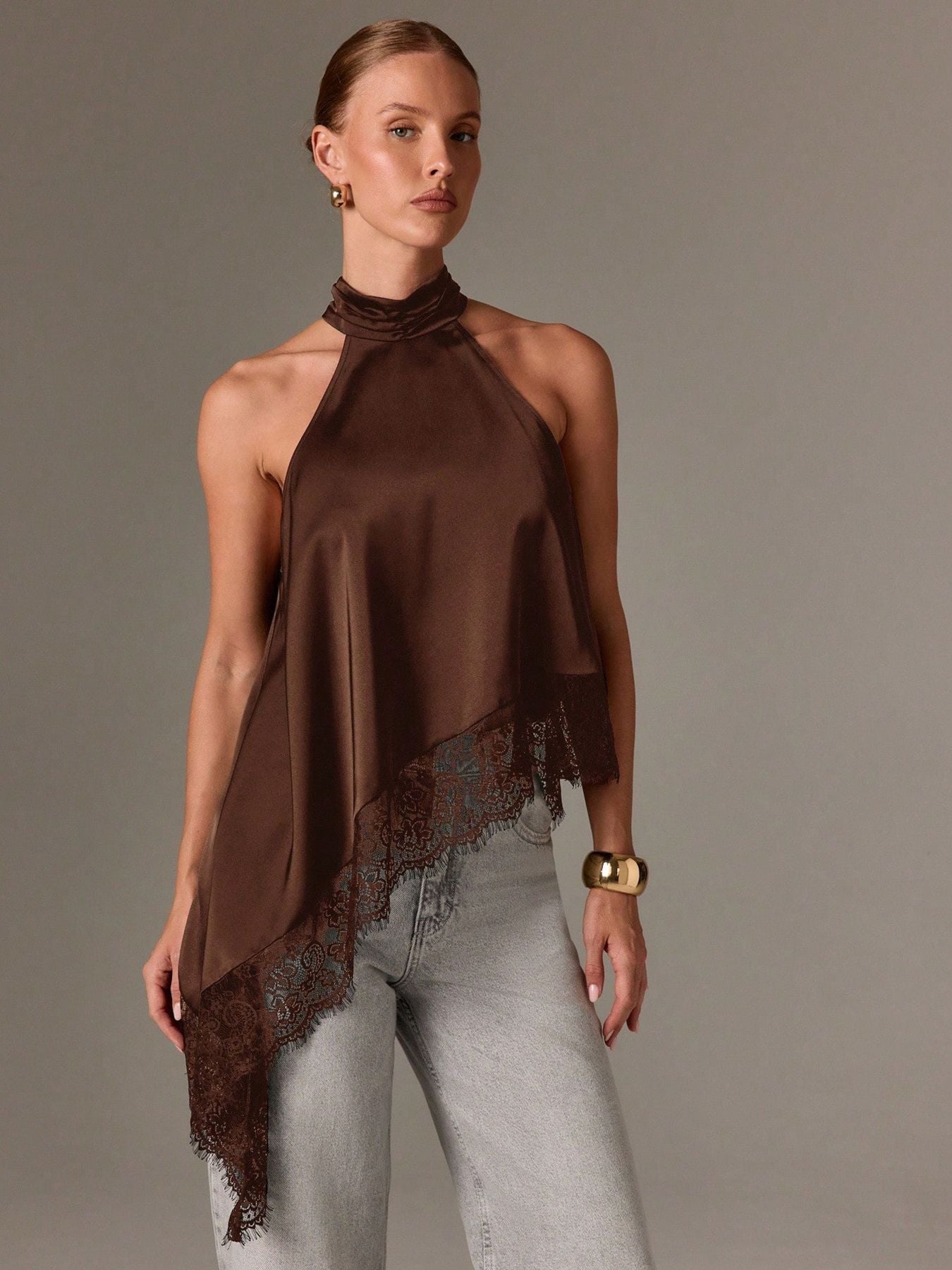 Satin Lace Trim Halter Tank Sleeveless Summer Top