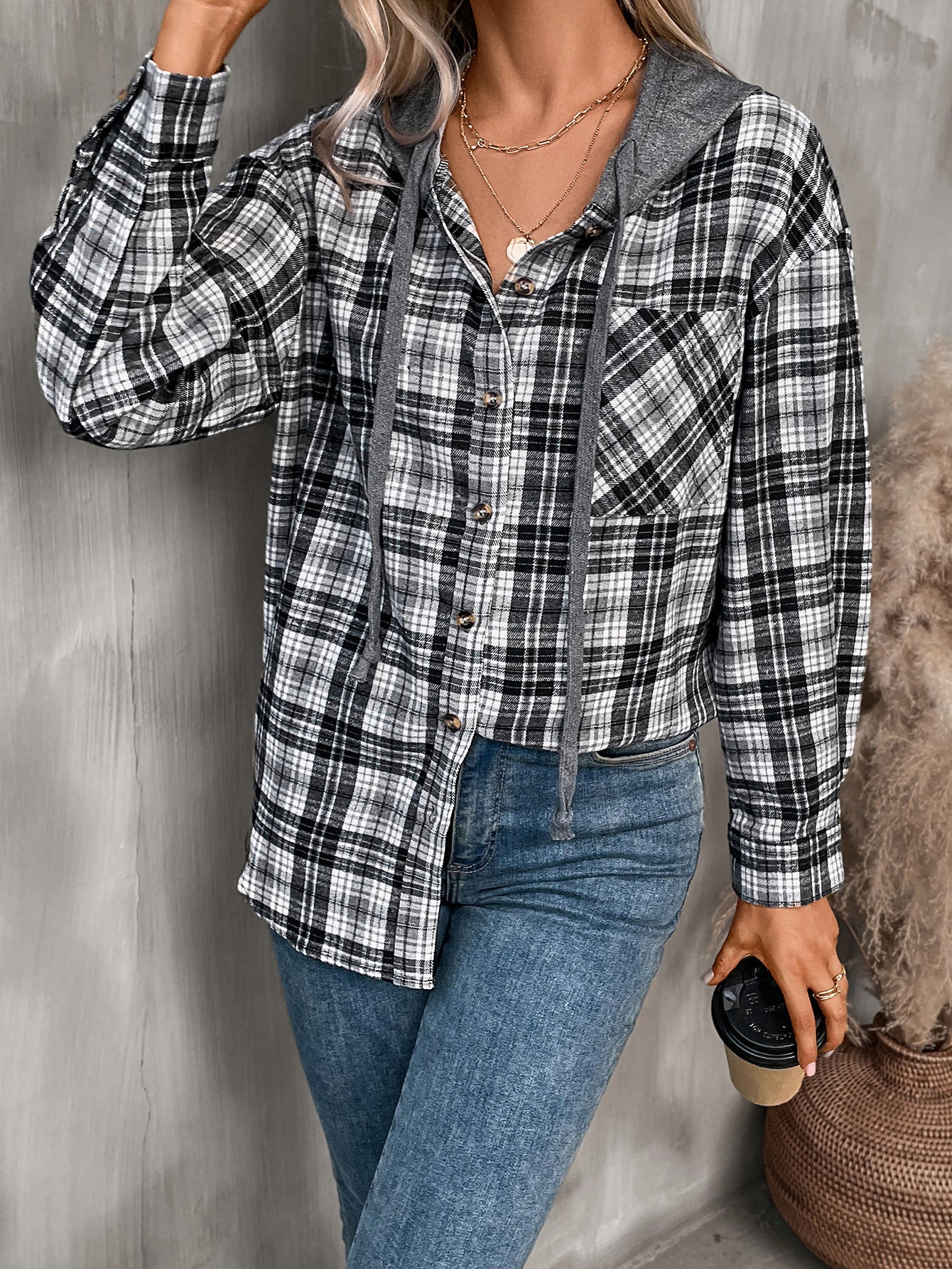 Plaid hooded button down shirt oversized fit