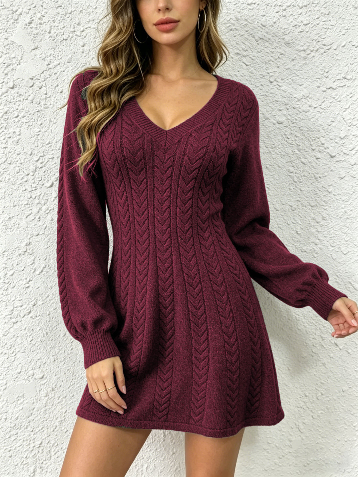 Cable Knit V-Neck Sweater Dress Balloon Sleeve Fit Flare