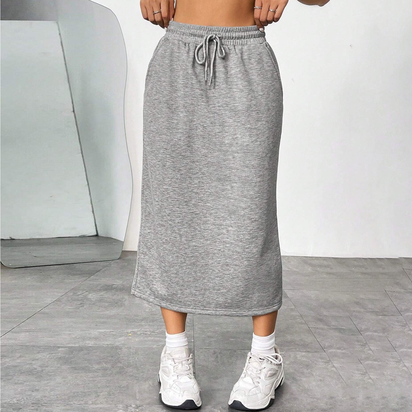 Solid Midi Skirt Drawstring Waist Pocket Slit Casual