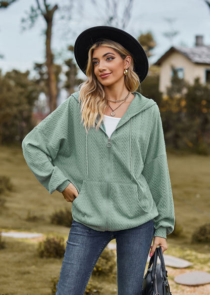 Oversized Textured Zip-Up Hoodie Jacket Pockets