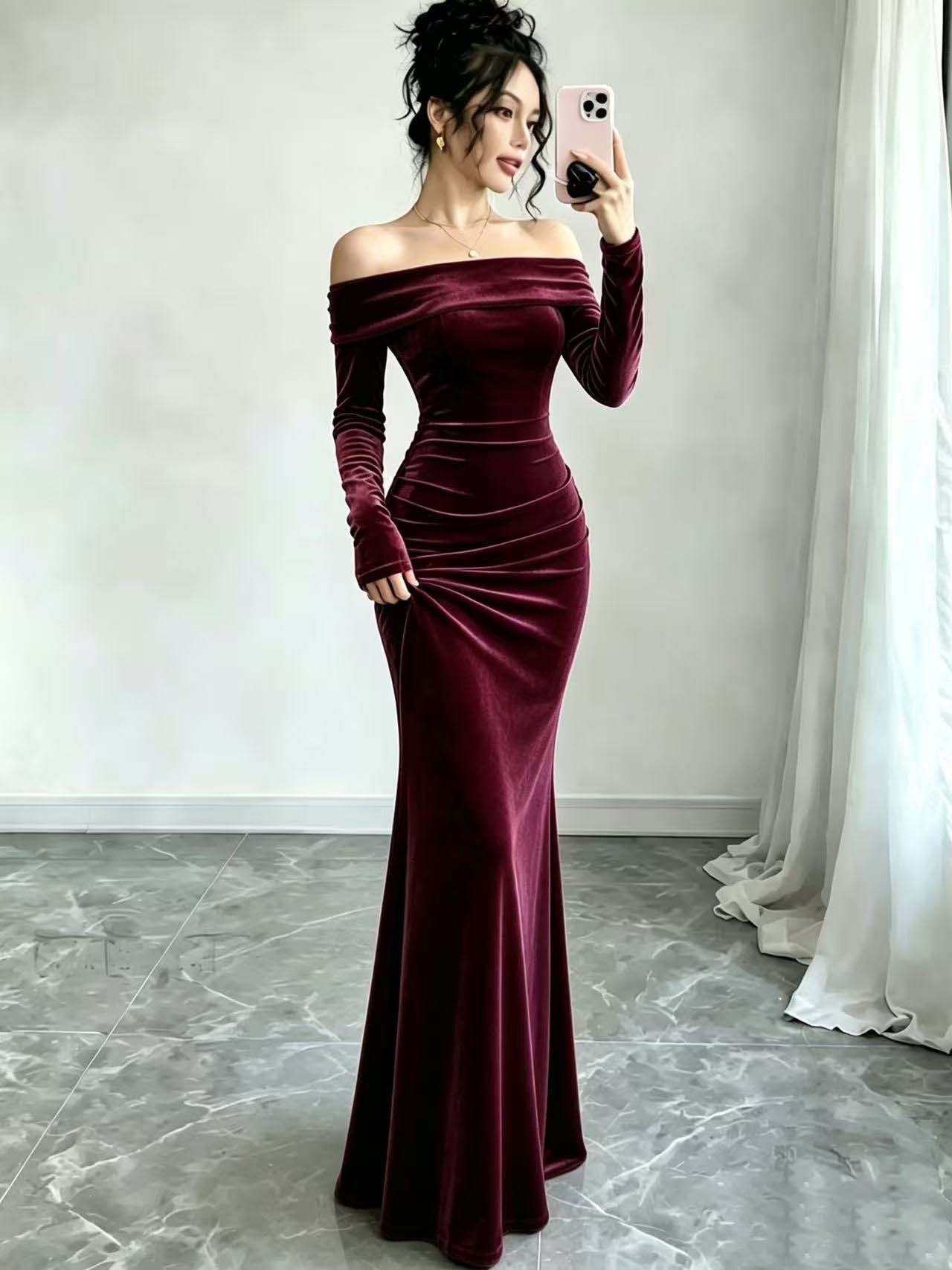 Velvet Off Shoulder Bodycon Maxi Dress Long Sleeve