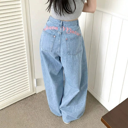 Women's High Waisted Baggy Jeans Y2K Embroidered Wide Leg