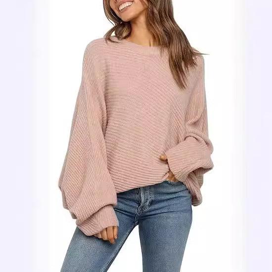 Women's Oversized Batwing Sleeve Crew Neck Knit Sweater