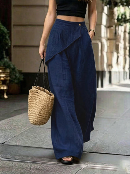 Faux Linen Wide Leg Pants Asymmetric Elastic Waist