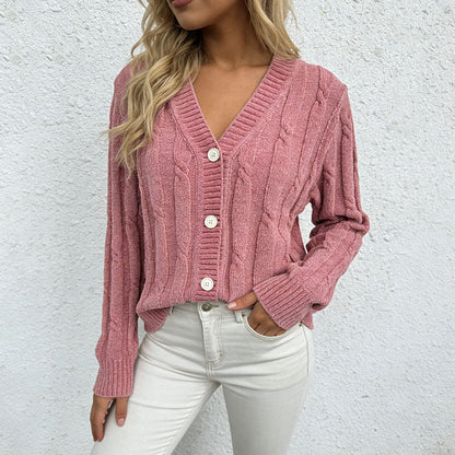 Women's Chenille Cable Knit V Neck Button Cardigan
