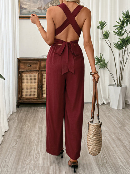 Burgundy Open Back Tie Wide Leg Jumpsuit