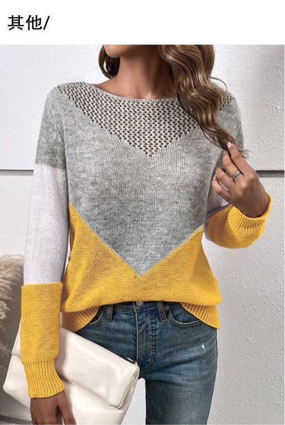 Colorblock Pointelle Crew Neck Long Sleeve Sweater
