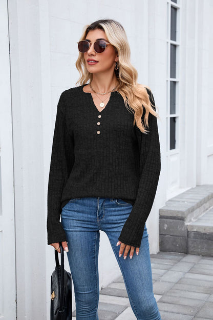 Women's Waffle Knit V Neck Button Long Sleeve Oversized Top