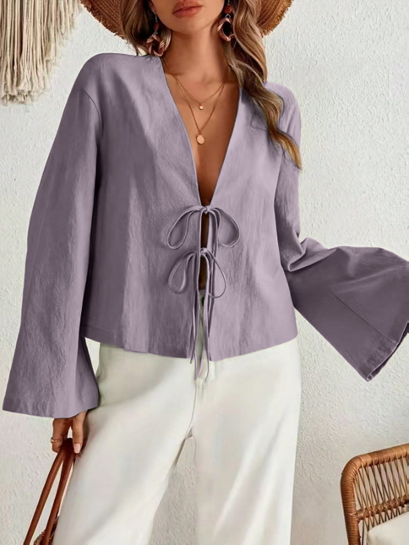 Tie Front V Neck Long Sleeve Bell Sleeve Blouse