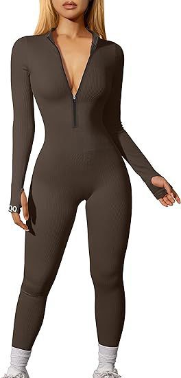 Women's Ribbed Zip Front Long Sleeve Workout Jumpsuit