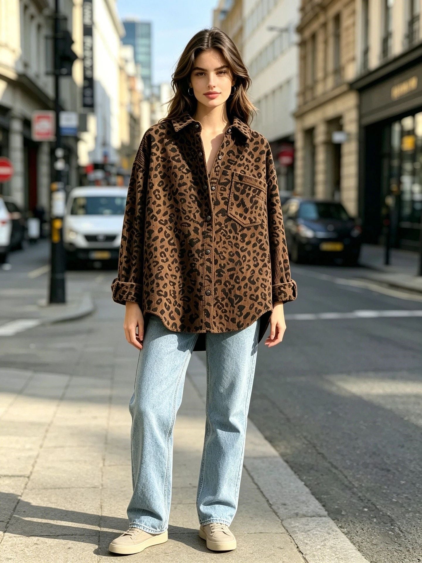 Leopard Print Corduroy Oversized Button Up Shirt