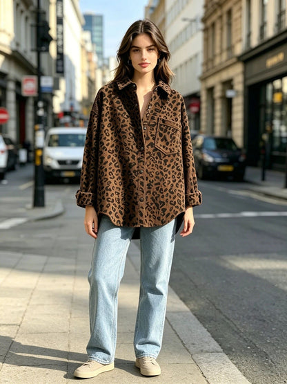 Leopard Print Corduroy Oversized Button Up Shirt