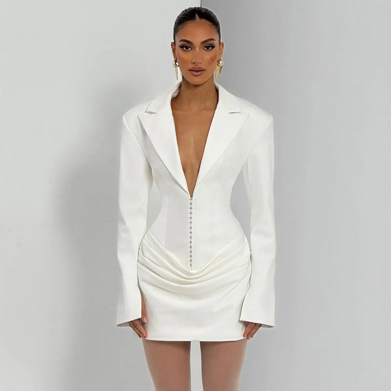 Deep V Neck Blazer Dress Long Sleeve Corset Mini Dress