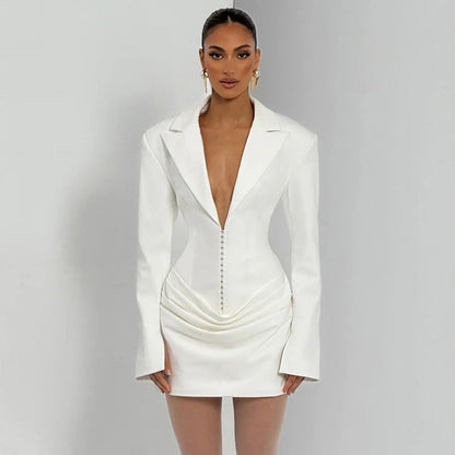Deep V Neck Blazer Dress Long Sleeve Corset Mini Dress