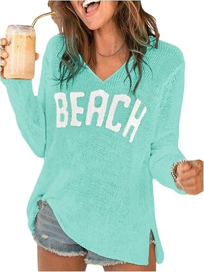 Women's V-Neck Letter Print Lightweight Knit Sweater