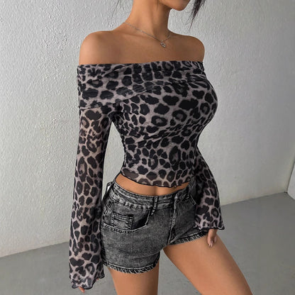 Sexy Off Shoulder Leopard Mesh Bell Sleeve Crop Top