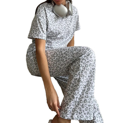 Leopard Print Pajama Set Short Sleeve Lounge Pants