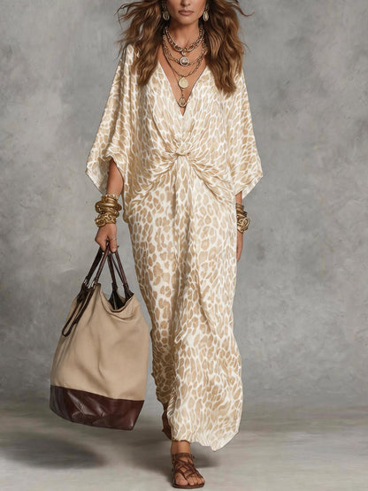 Leopard Print V-Neck Maxi Dress Batwing Sleeve Twist Front