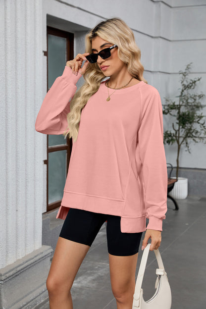 Women Oversized Crewneck Sweatshirt Long Sleeve Side Slit
