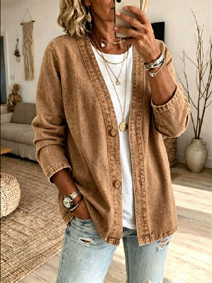 Women's Oversized V-Neck Denim Button Down Shirt