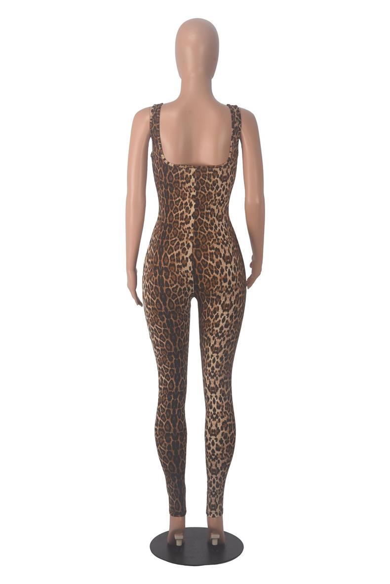 Women's Animal Print Square Neck Backless Bodycon Jumpsuit