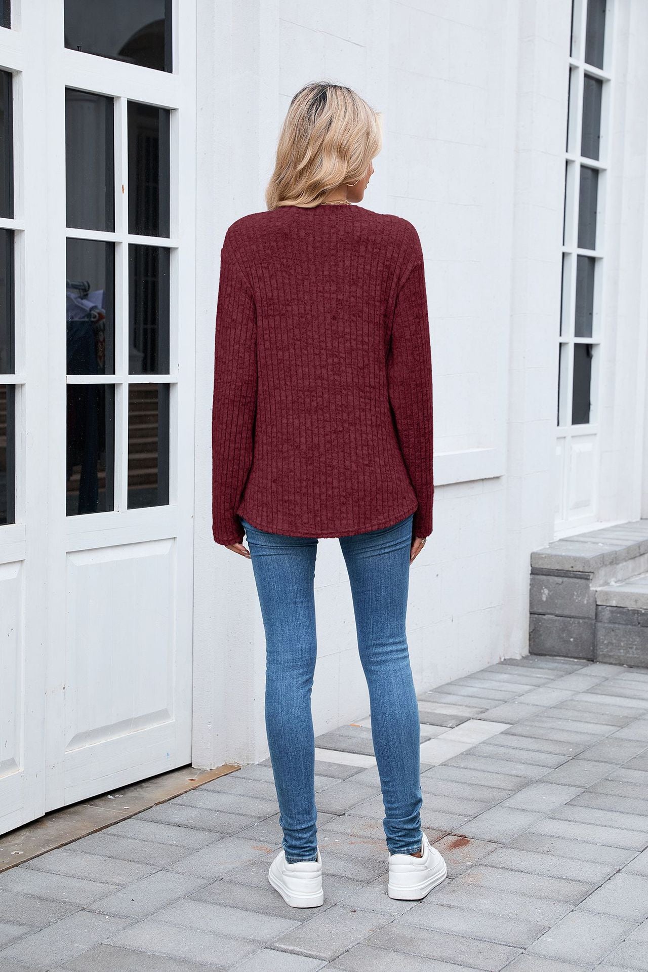 Women's Waffle Knit V Neck Button Long Sleeve Oversized Top
