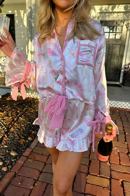 Women's Printed Satin Pajama Shorts Set Long Sleeve