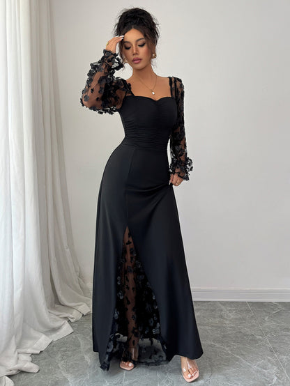 Floral Mesh Puff Sleeve Square Neck Maxi Dress