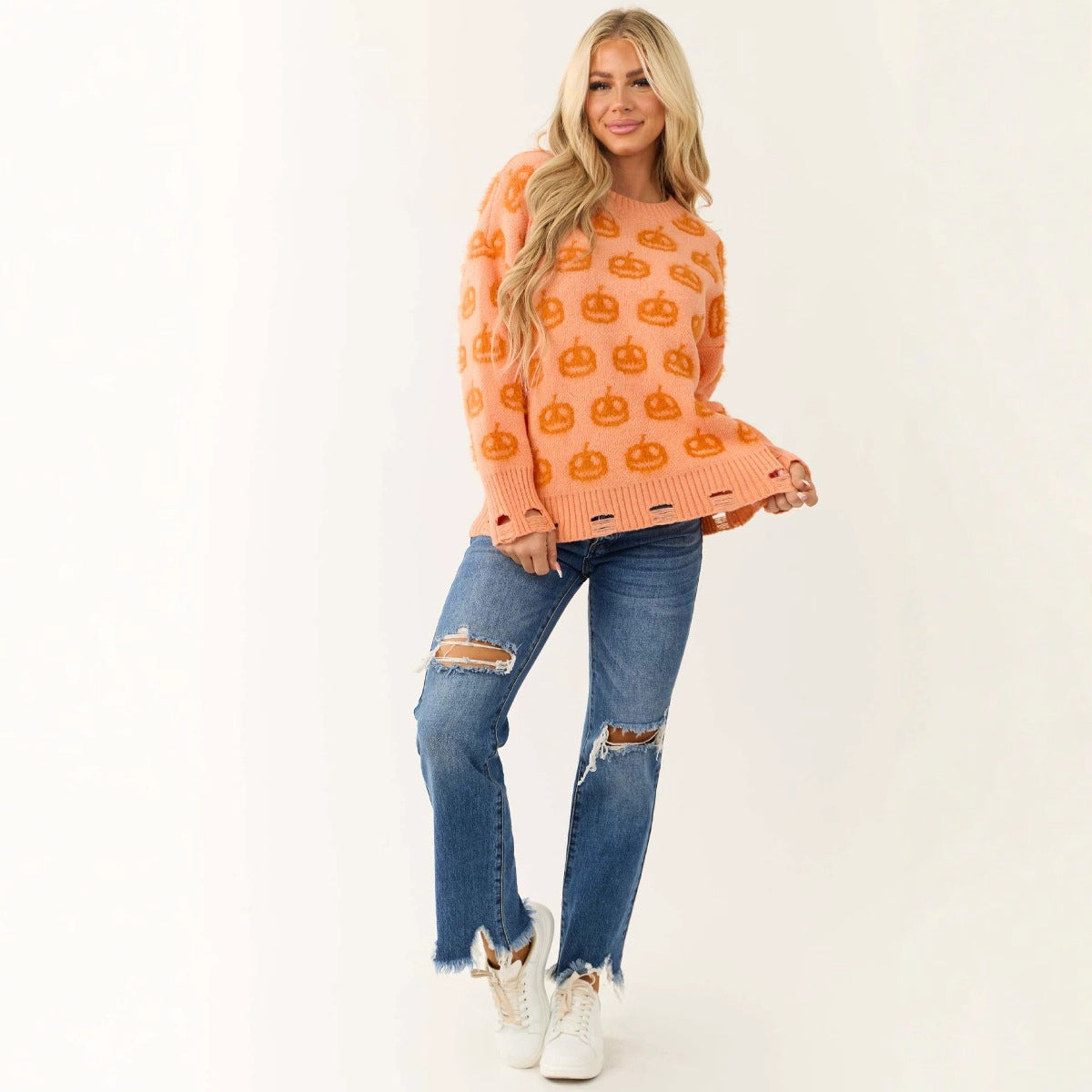 Women's Oversized Pumpkin Halloween Distressed Sweater